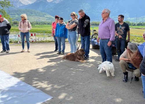 Les invités avec leurs chiens, dont Colin, bichon maltais de 1 an, écoutent attentivement Ilsegret, organisatrice, sur les besoins d’éduquer un chien et de l’occuper intellectuellement, en plus de l’activité physique.